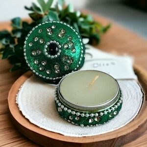 Handmade Rhinestone Beaded Travel Tea Light Candle Holder Tin Box 1.75 Green New